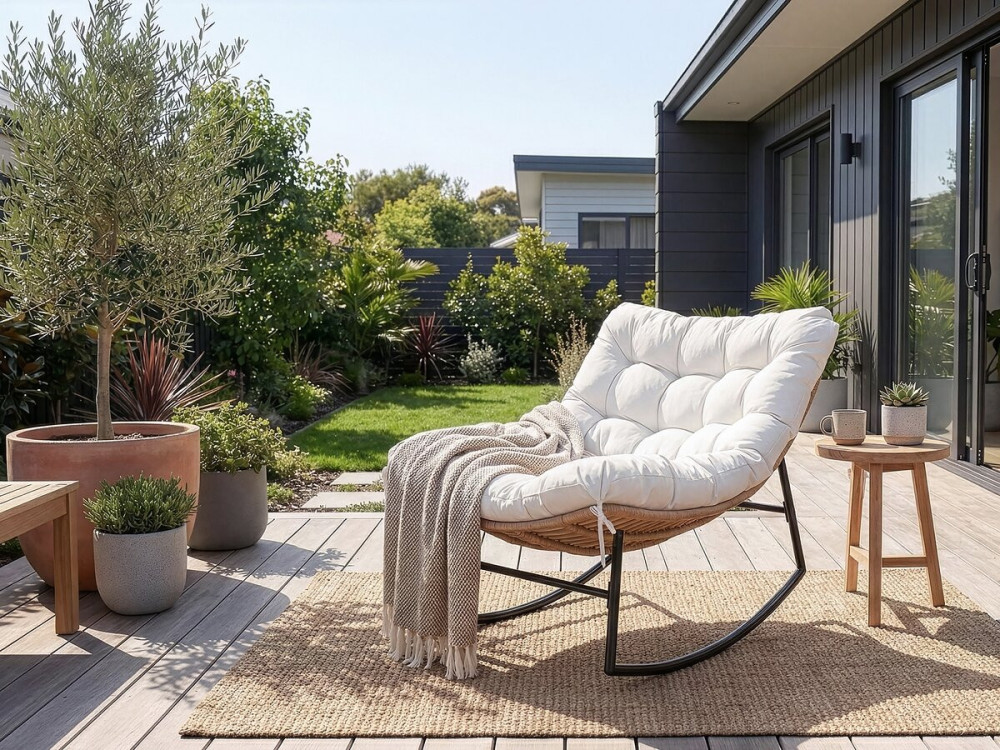Papasan rocking chair with indoor/outdoor cushion "Papaya" - Beige
