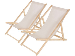 Set of 2 "Chilienne" wooden deckchairs - 107 x 56.5 x 81 cm - Ecru