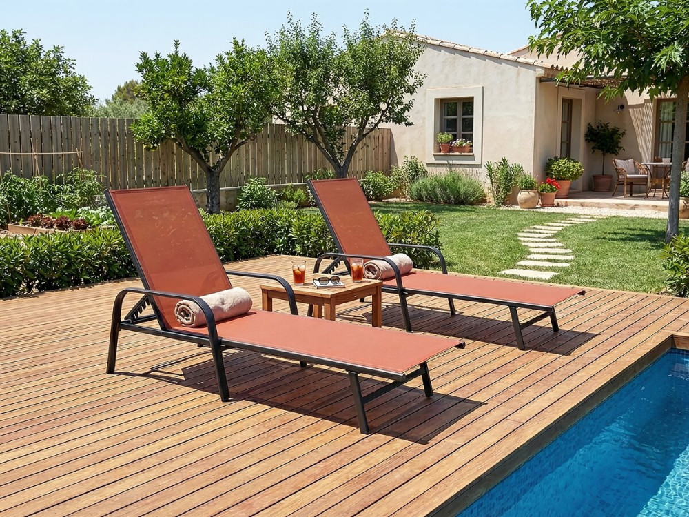 Set of 2 "Farniente" metal sunbeds with armrests - Terracotta