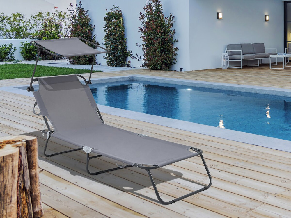 Lazy" folding sunlounger - With sunshade - Grey