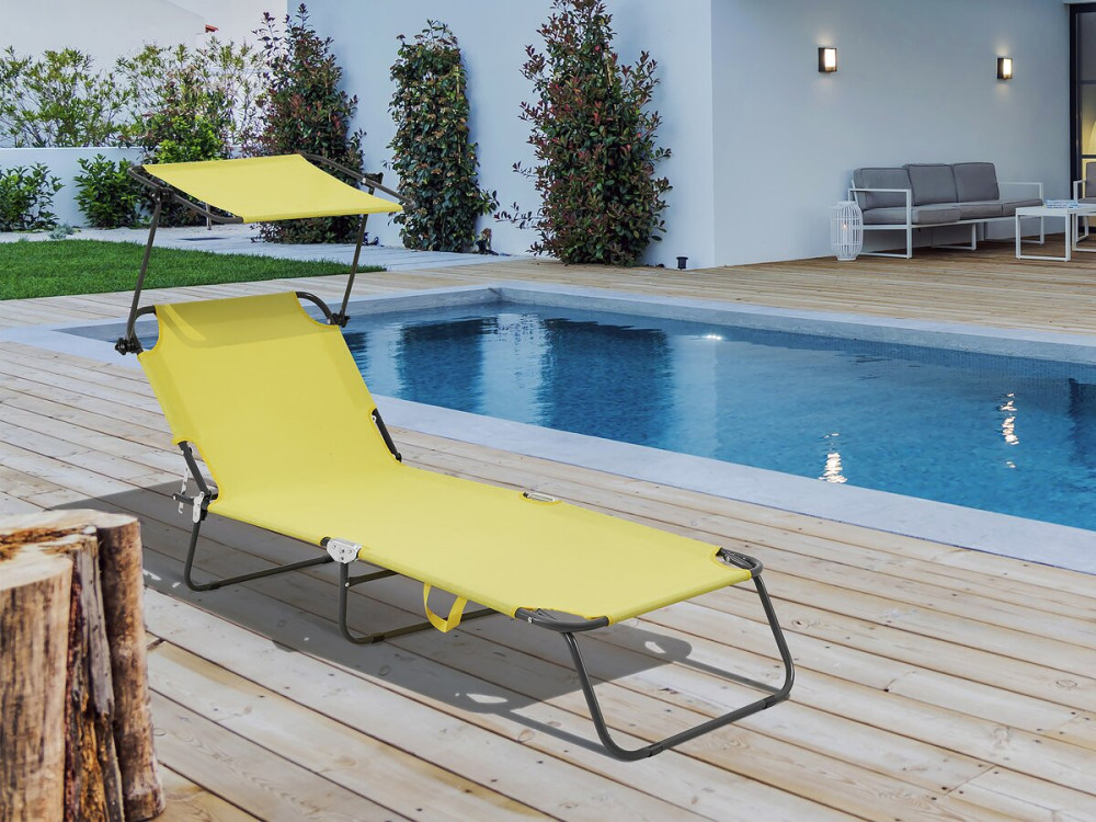 Lazy" folding sunlounger - With sunshade - Yellow