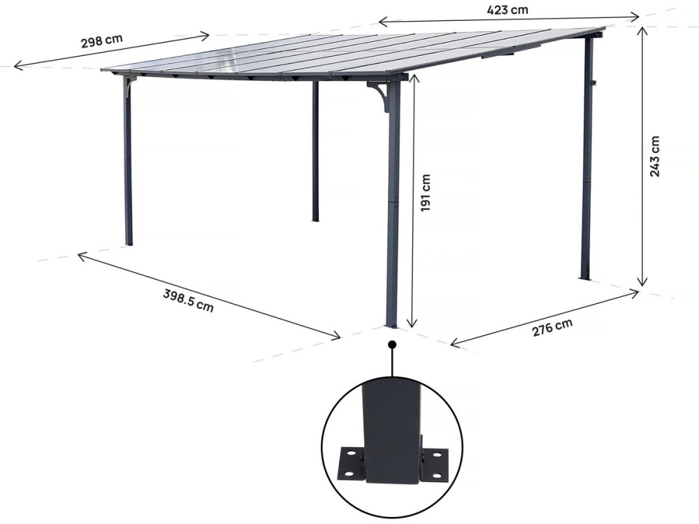 Marvin” lean-to pergola - 4 x 3 m - 423 x 298 x 243 cm - Dark grey