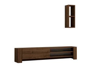 Naz" wooden TV stand with wall shelf - 160 x 26 x 33 cm - Brown