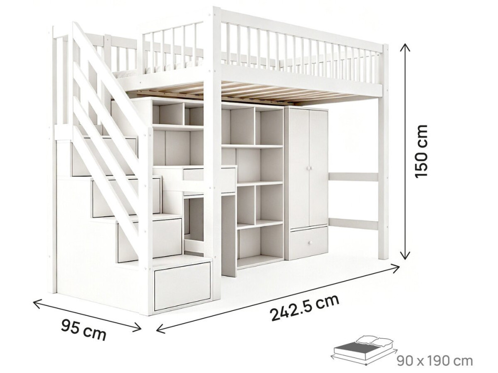 "Amélia" Wooden Loft Bed with...