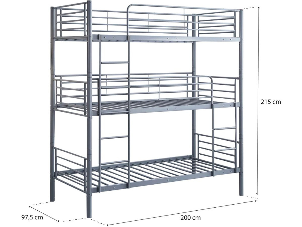 HAVIN Triple Metal Bunk Bed - 90 x 190 cm - Grey