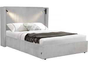 Corduroy double bed with integrated box and lamp "Cortina" - 140 x 190 cm - Grey
