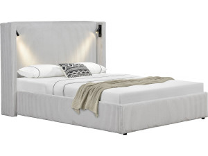 Corduroy double bed with integrated box and lamp "Cortina" - 140 x 190 cm- Beige