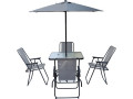 Convivia" metal garden table and chairs with parasol - 6 seats - Light grey - Grey