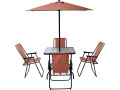 Convivia" metal garden table and chairs with parasol - 6 seats - Light grey - Terracotta