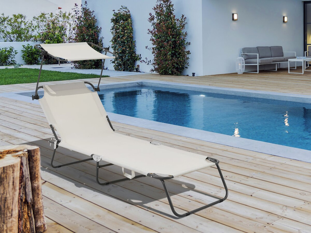 Lazy" folding sunlounger - With sunshade - Beige
