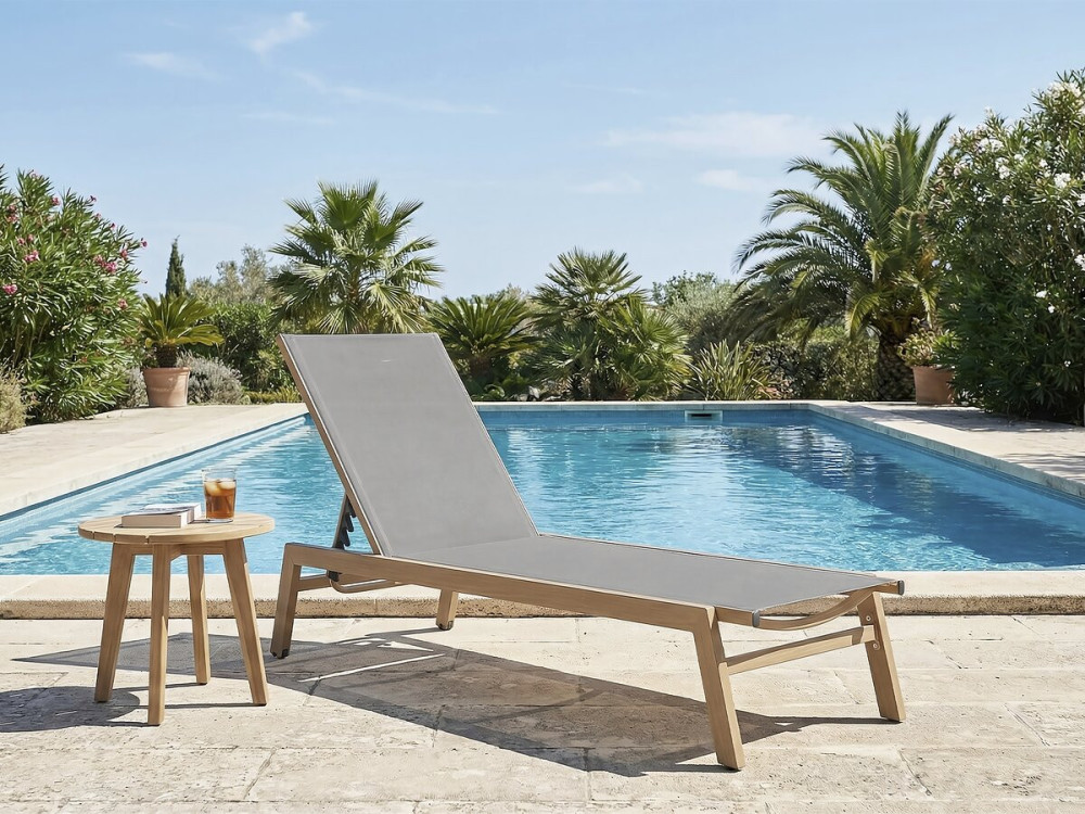 Elysia" aluminium sunlounger in wood effect - Light grey