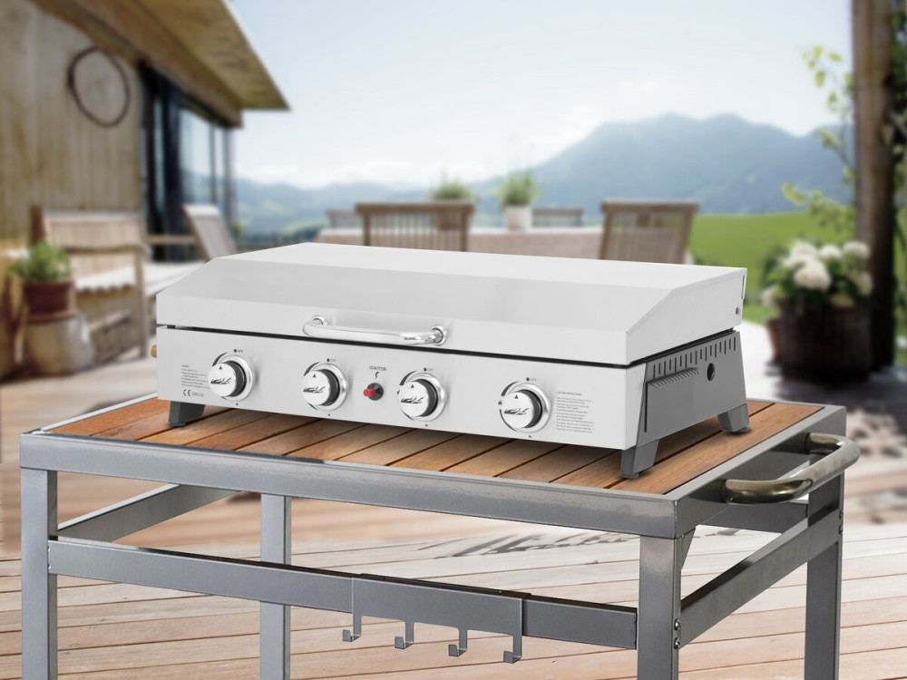 Fasto" stainless steel gas griddle with 4 burners and lid - 10 kw - Grey