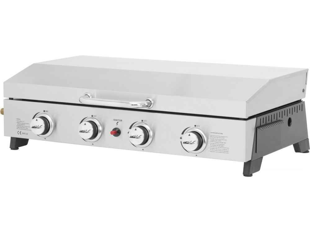 Fasto" stainless steel gas griddle with 4 burners and lid - 10 kw - Grey