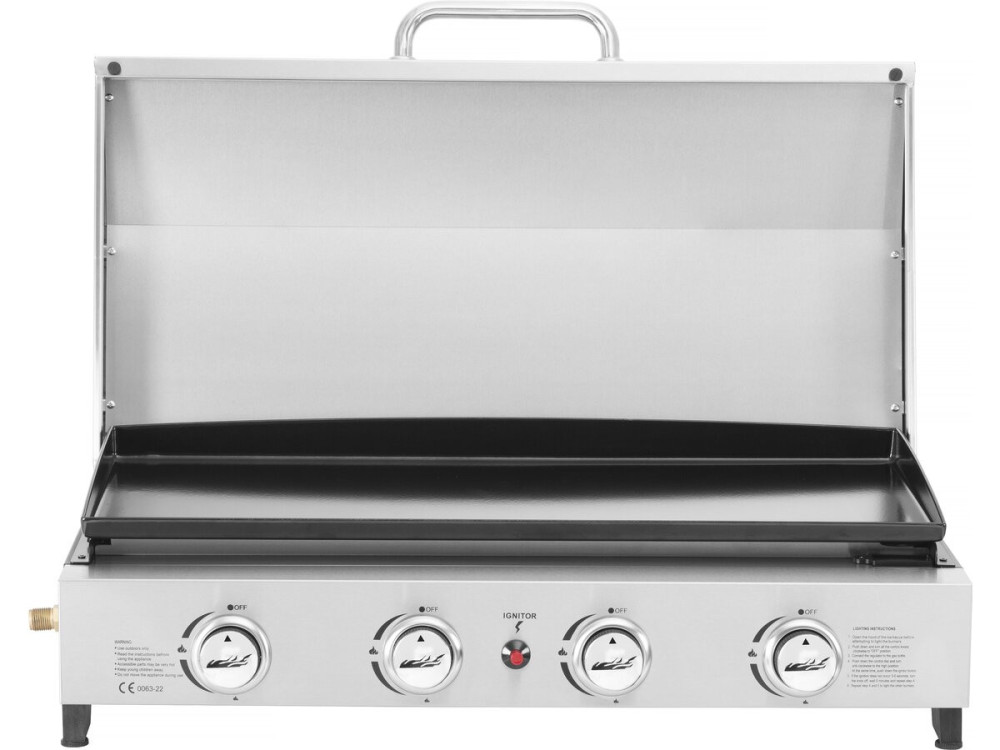 Fasto" stainless steel gas griddle with 4 burners and lid - 10 kw - Grey