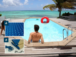 Cordoue" wooden pool - 3.48 x 2.15 x 1.18 m + 180 µ bubble cover - 280 g/m² winter cover