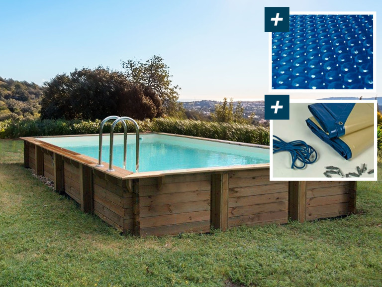 Murano" rectangular wooden swimming pool kit - 12.20 x 6.20 x 1.44 m - 400 µ bubble cover - 280 g/m² winter cover