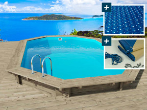 Palma 145" wooden pool 7.57 x 4.07 x 1.44 m - 180 µ bubble cover - 280 g/m² winter cover