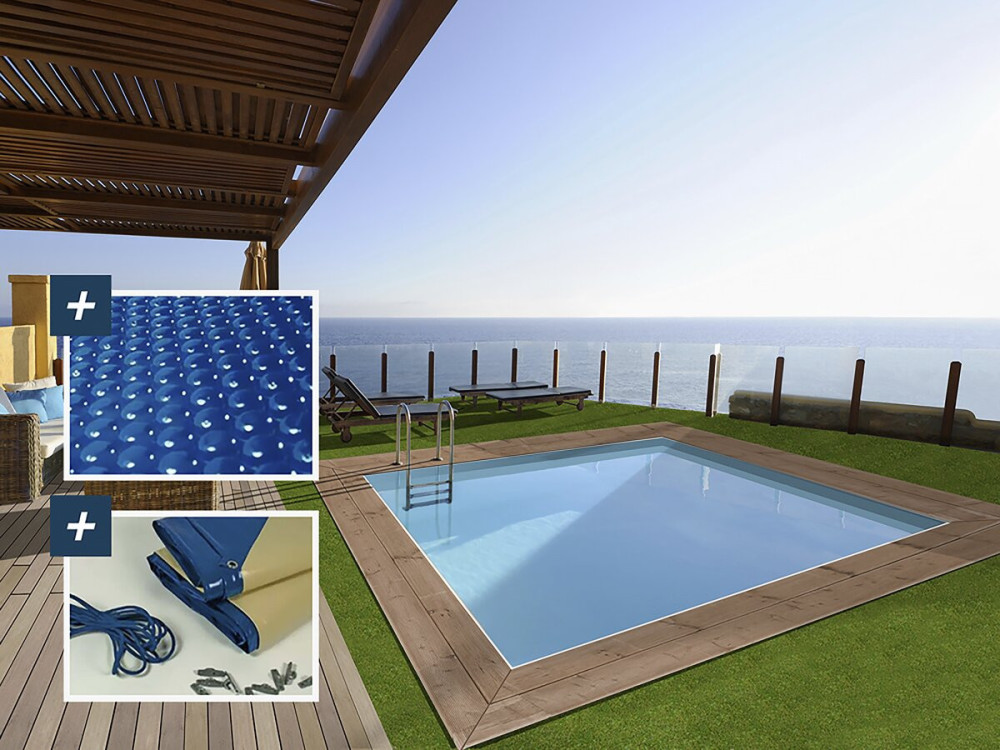 Zanzibar" rectangular wooden pool - 3.50 x 2.30 x 1.24 m - 180 µ bubble cover - 280 g/m² winter cover