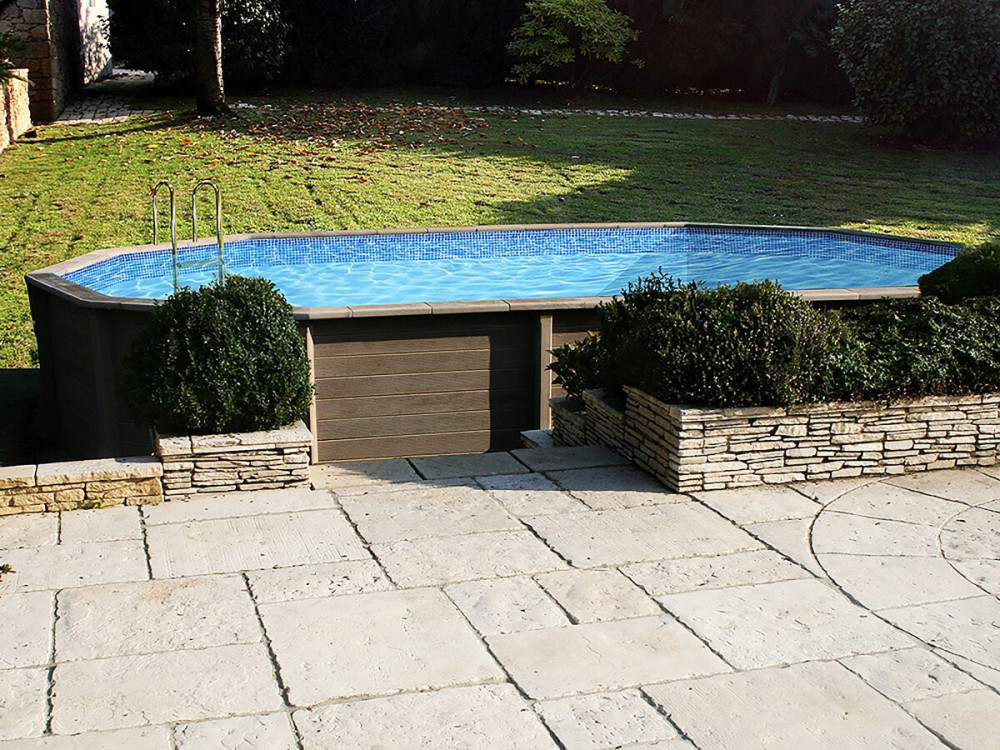 Naturalis 2" decagonal elongated wood-look concrete swimming pool kit - 6.36 x 4.74 x 1.40 m