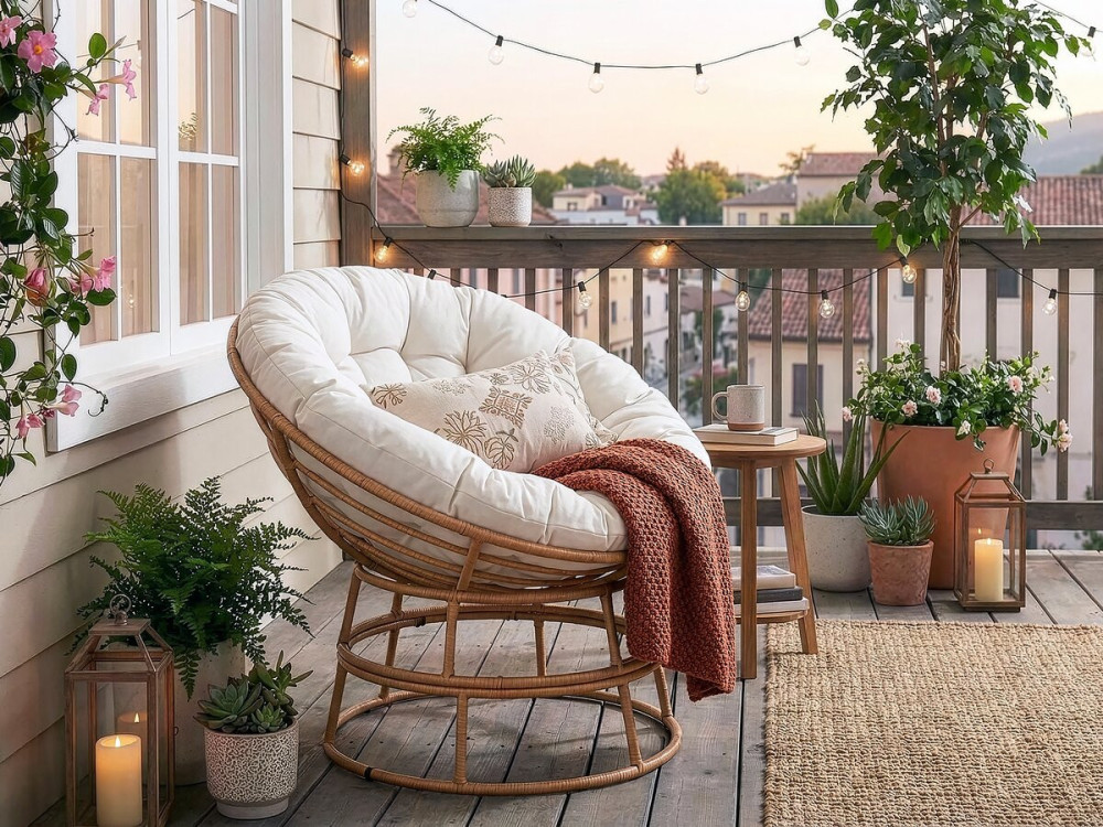 Papasan indoor/outdoor armchair loveuse style "Bali" - Ø91cm - Beige