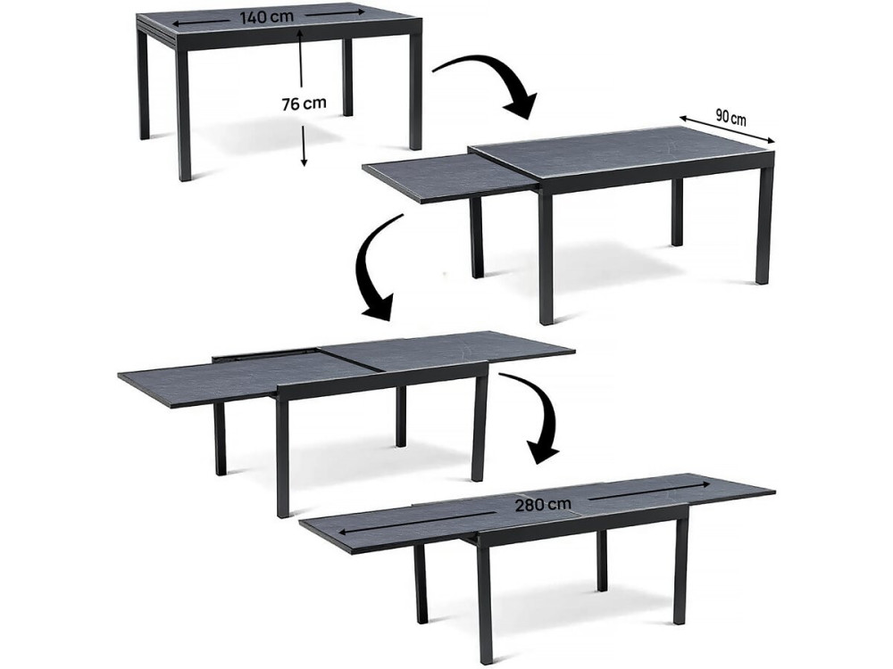 Lagos" extendable aluminium garden table - 140/280 x 90 x 76 cm - Black