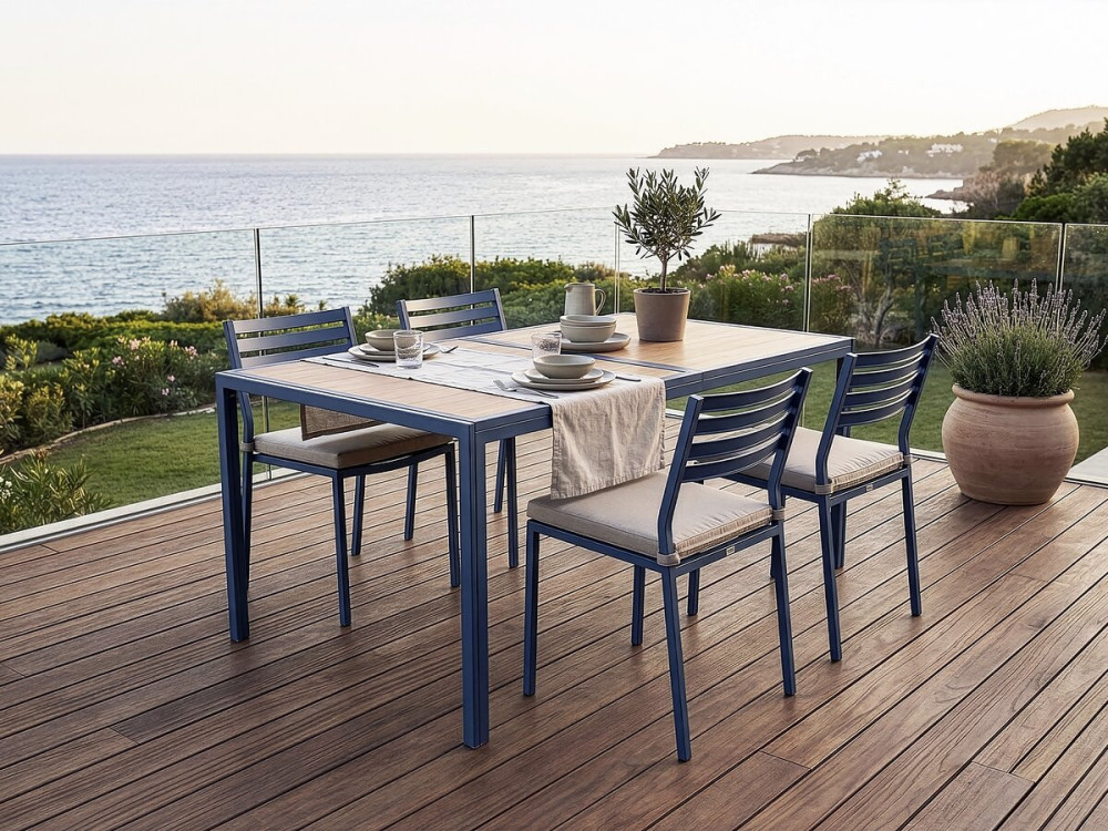 Tossa" imitation wood metal garden table - 160 x 90 x 75 cm - Brown