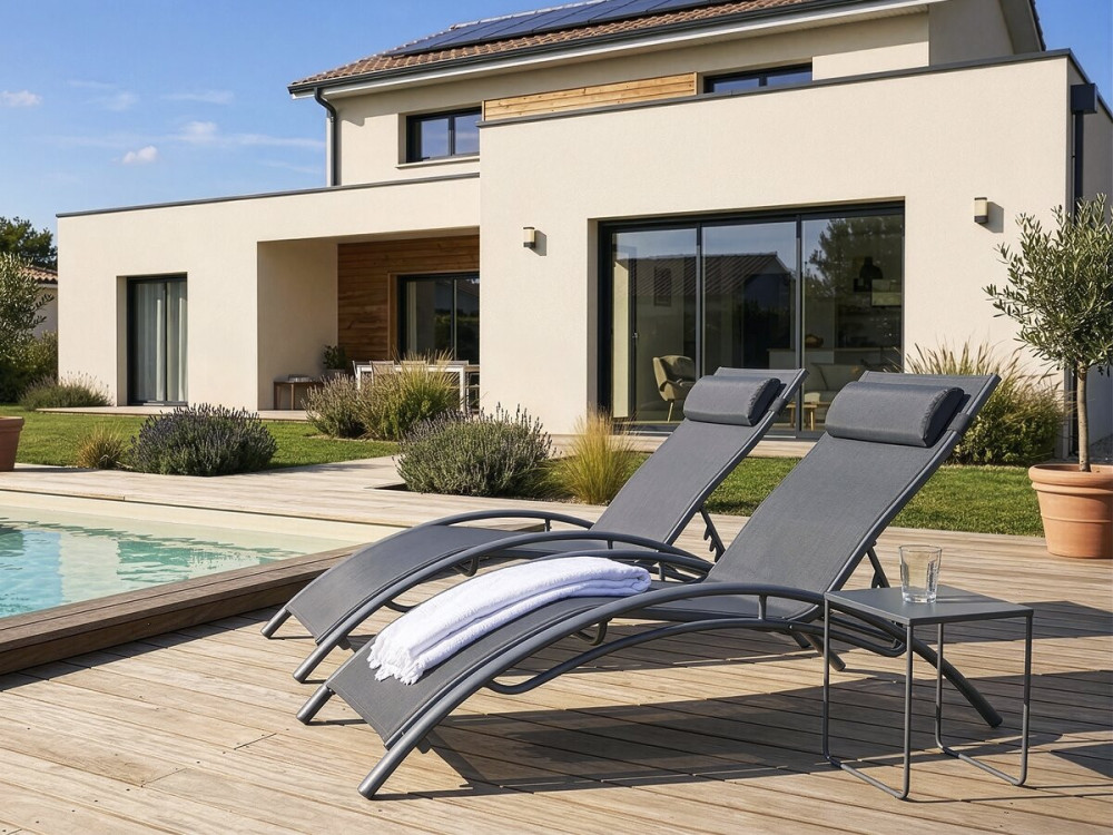 Set of 2 Aluminium Sun Bathing Chairs / Sun Lounge - Beauty - "Phoenix" - Dark Grey