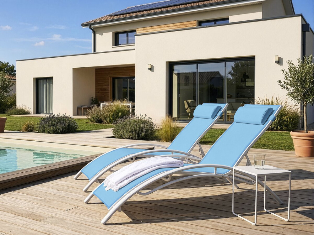 Set of 2 Aluminium Sun Bathing Chairs / Sun Lounge - Beauty - "Phoenix" - Blue
