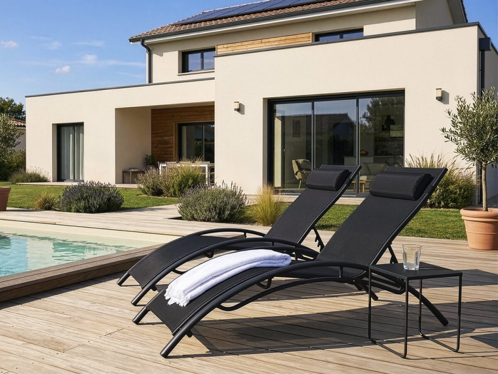 Set of 2 Beauty "Phoenix" Black aluminum sun loungers
