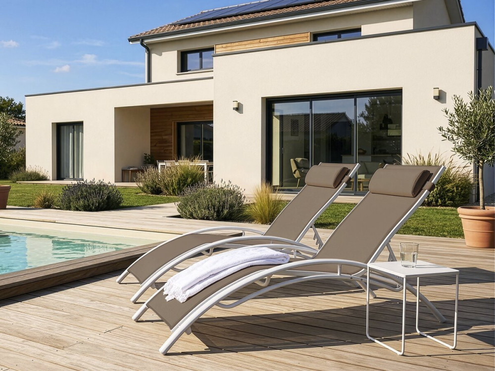 Set of 2 Aluminium Sun Bathing Chairs / Sun Lounge - Beauty - "Phoenix" - Moleskin Color