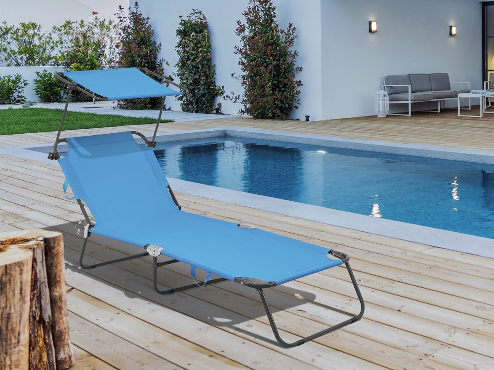 Lazy" folding sunlounger - With sunshade - Blue