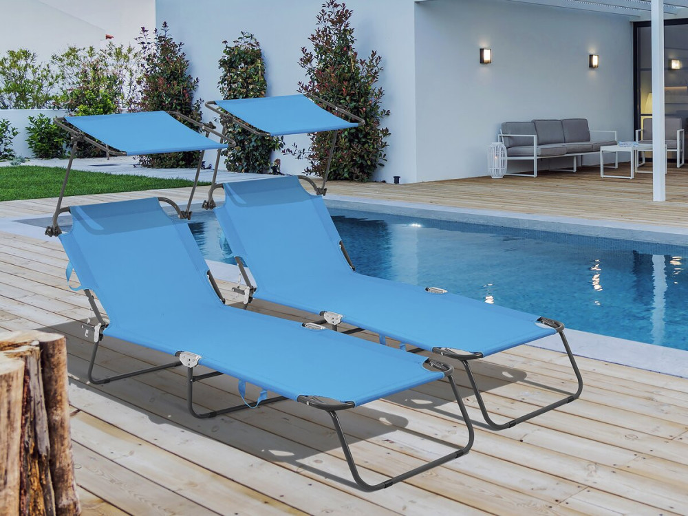 Set of 2 "Lazy" folding sunbeds - With sunshade - Blue