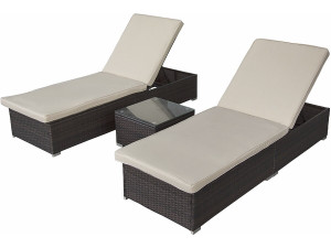 Set of 2 "Alice" woven resin sunbeds with cushions and coffee table - Brown