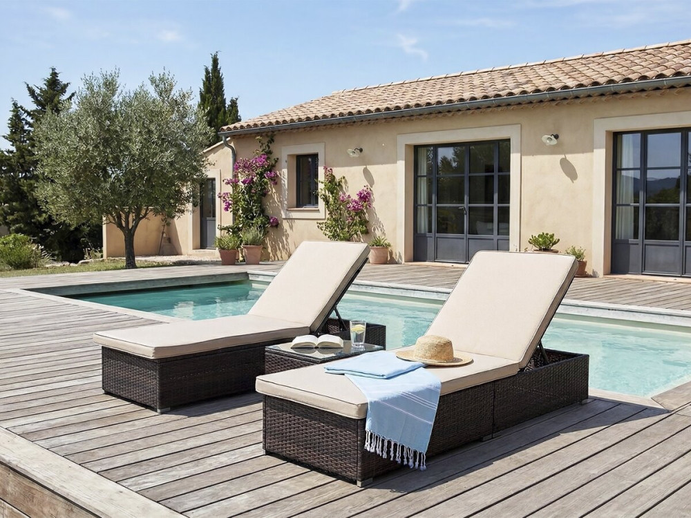 Set of 2 "Alice" woven resin sunbeds with cushions and coffee table - Brown