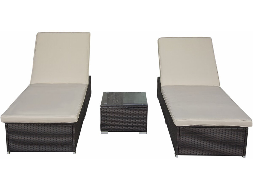 Set of 2 "Alice" woven resin sunbeds with cushions and coffee table - Brown