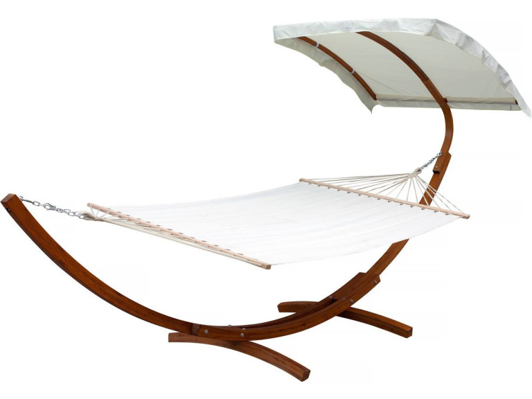 Dallas XL wooden hammock - With cotton canvas and canopy - Ecru