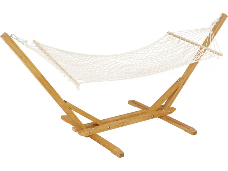 Wooden hammock with macramé fabric "Dallas" - 305 x 120 x 123 cm - White