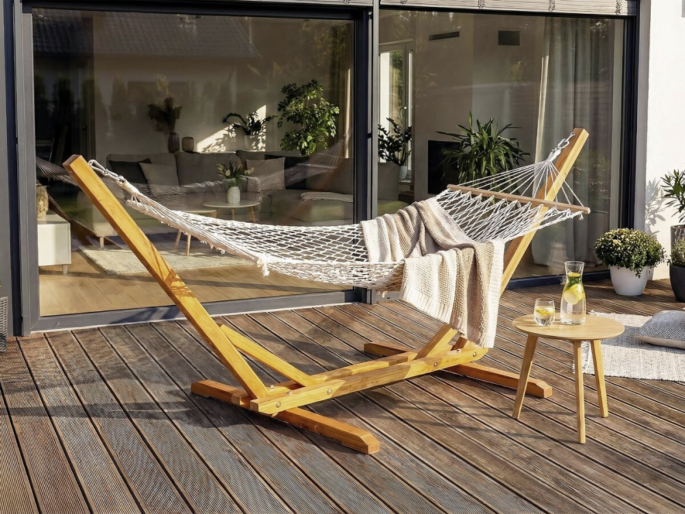 Wooden hammock with macramé fabric "Dallas" - 305 x 120 x 123 cm - White