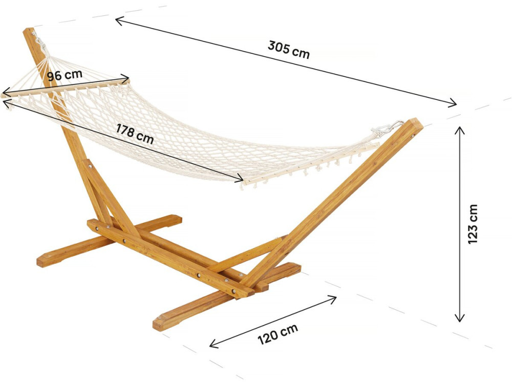 Wooden hammock with macramé fabric "Dallas" - 305 x 120 x 123 cm - White