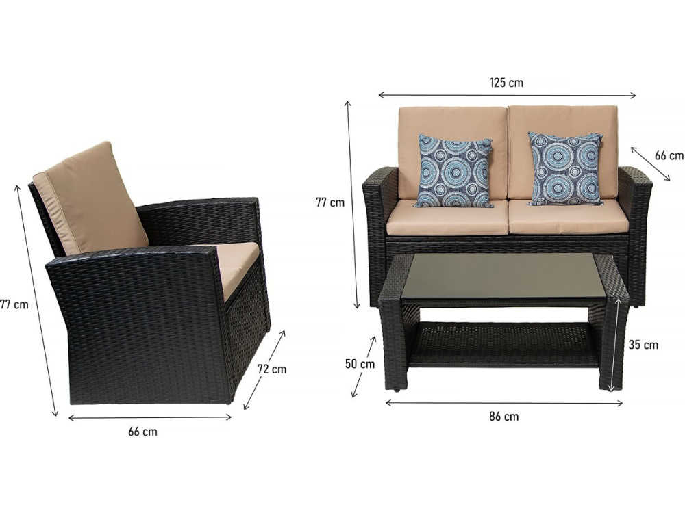 Ilana" patio furniture set - 4 pieces - Wicker - Black