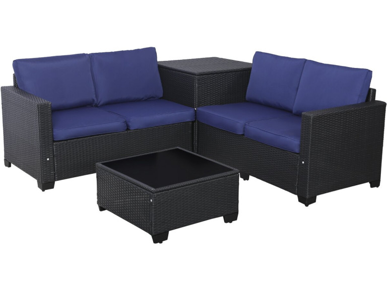 Riley" woven resin garden furniture set with storage box - 4 seats - Dark blue