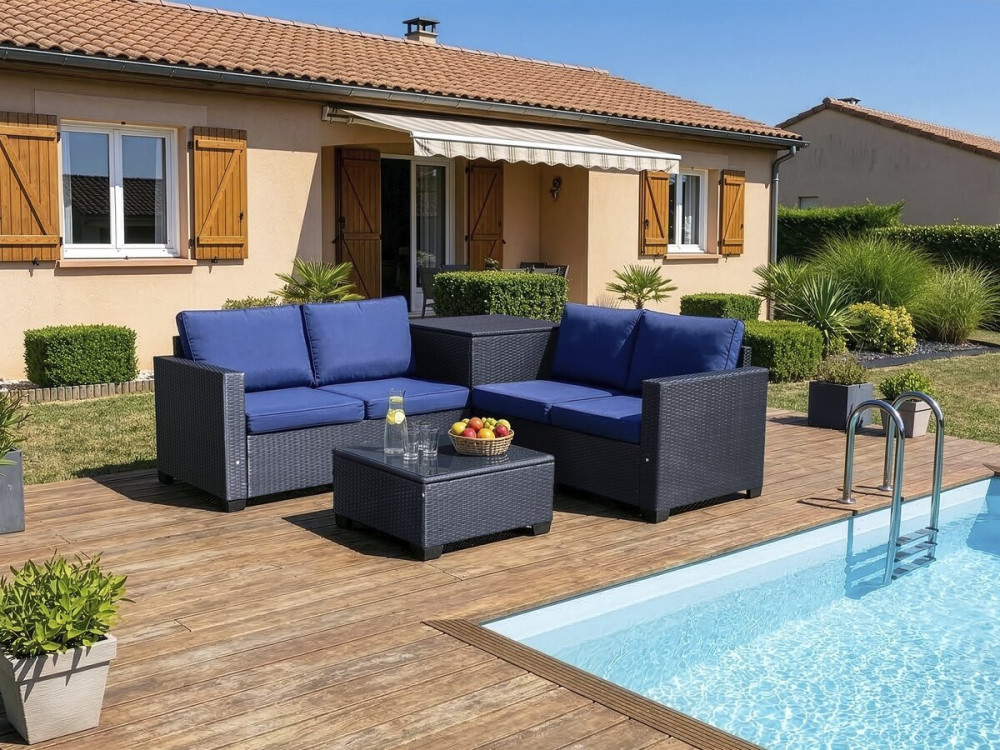 Riley" woven resin garden furniture set with storage box - 4 seats - Dark blue