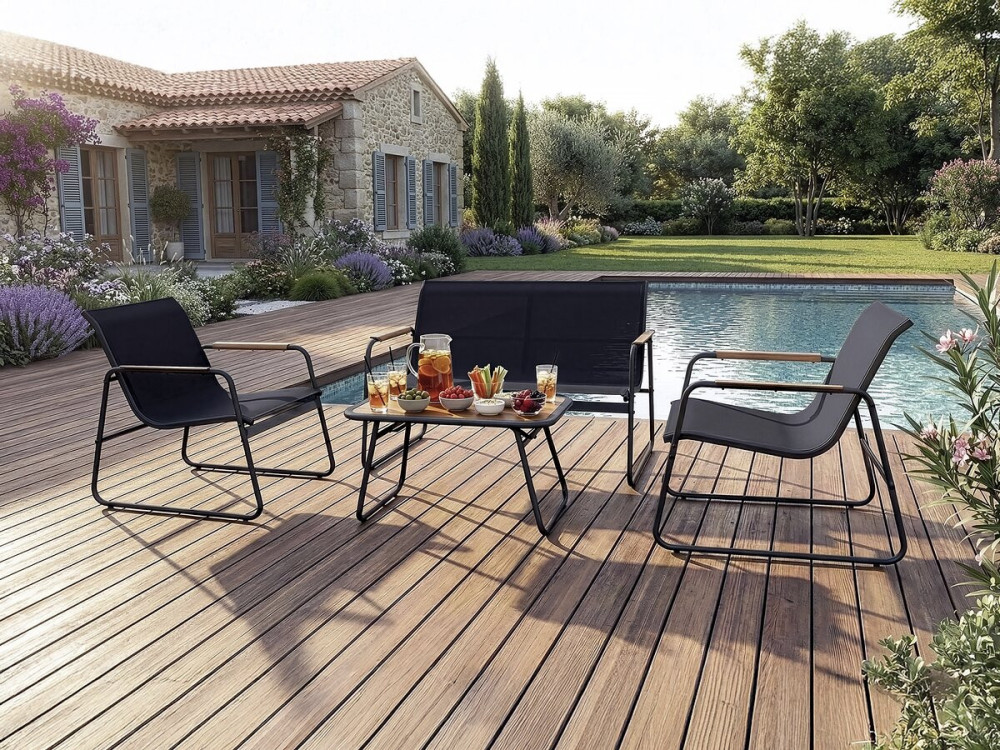 Sparta" metal garden furniture set with imitation wood decor - 4 seats - Black