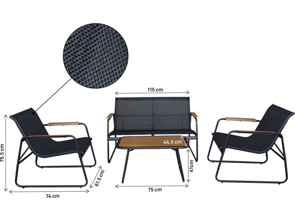 Sparta" metal garden furniture set with imitation wood decor - 4 seats - Black