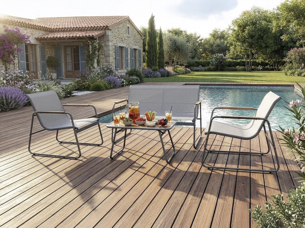 Sparta" metal garden furniture set with imitation wood decor - 4 seats - Light grey