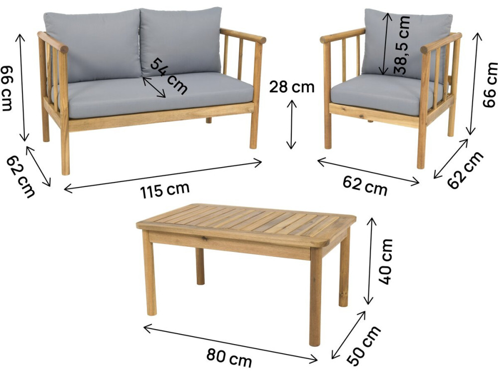 Milano" wooden garden furniture set with cushions - 4 seater - Grey