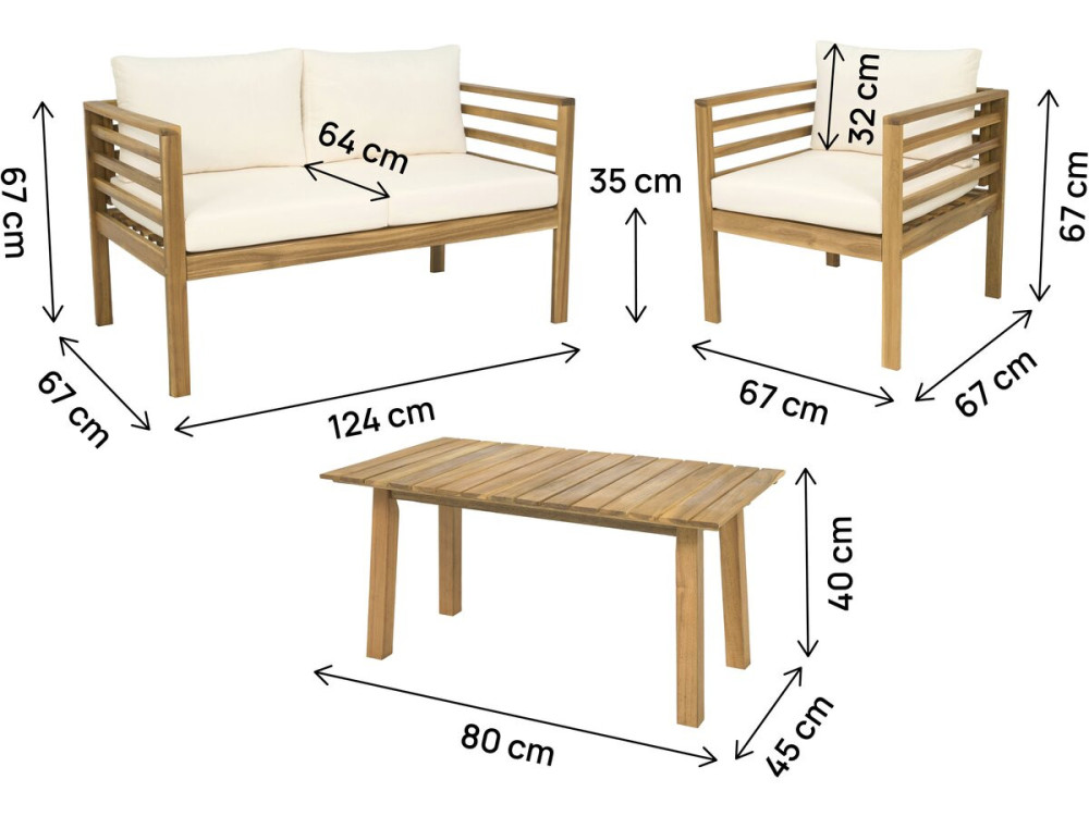 Beckham" wooden garden furniture set with cushions - 4 seater - Beige