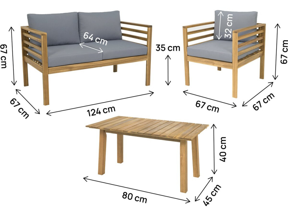 Beckham" wooden garden furniture set with cushions - 4 seater - Grey