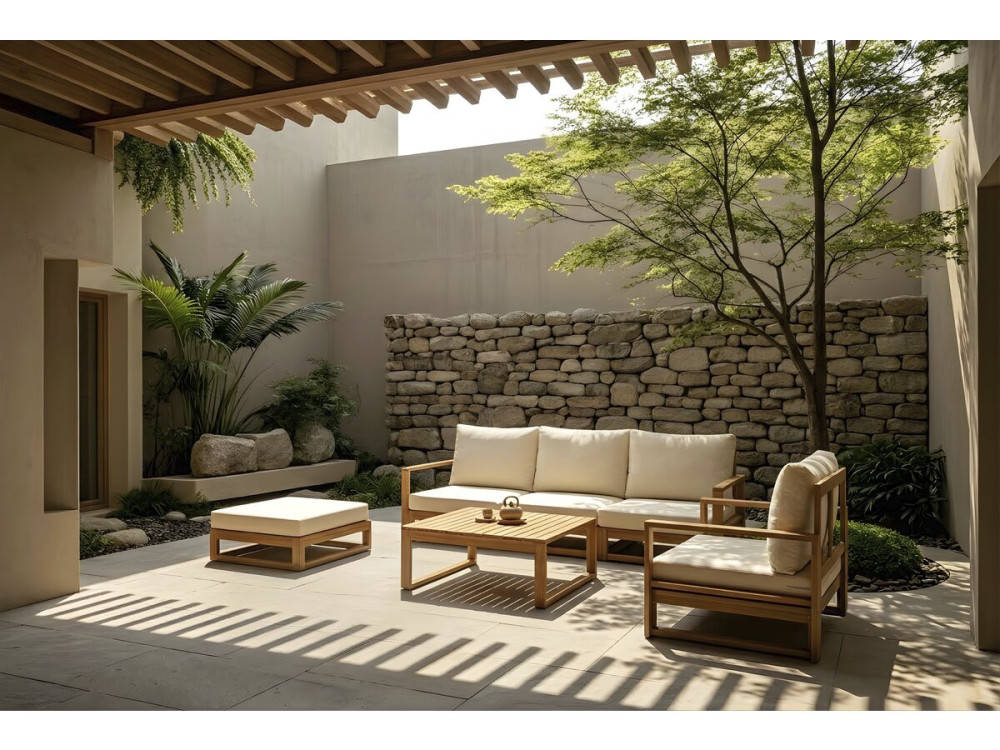 Bellingham" modular wooden garden furniture set with cushions - 5 seats - Beige