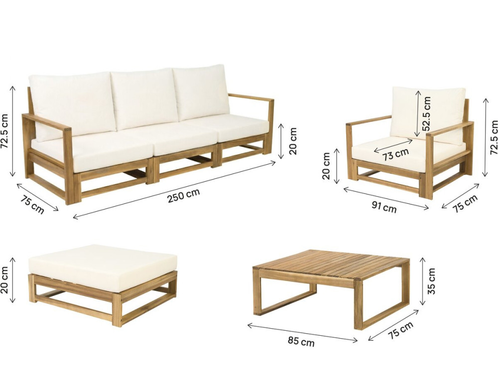Bellingham" modular wooden garden furniture set with cushions - 5 seats - Beige
